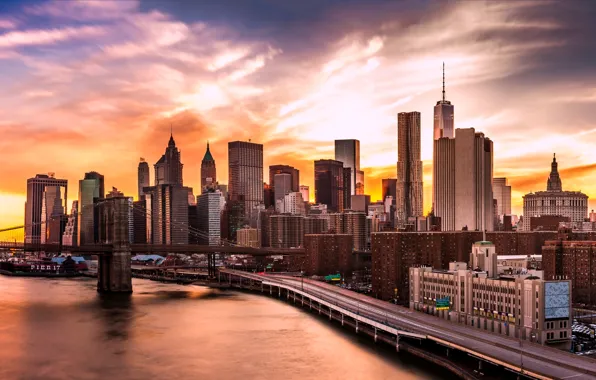 Lights, USA, river, sky, bridge, sunset, New York, Manhattan