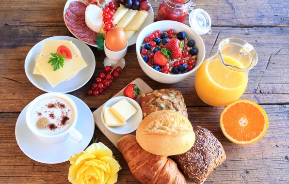 Berries, coffee, food, Breakfast, cheese, juice, bread, cutting