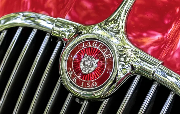 Macro, retro, Jaguar, emblem, 1957, XK 150