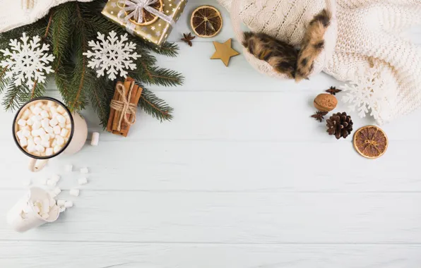 Snowflakes, gift, hat, scarf, cup, decor, spices, hot chocolate