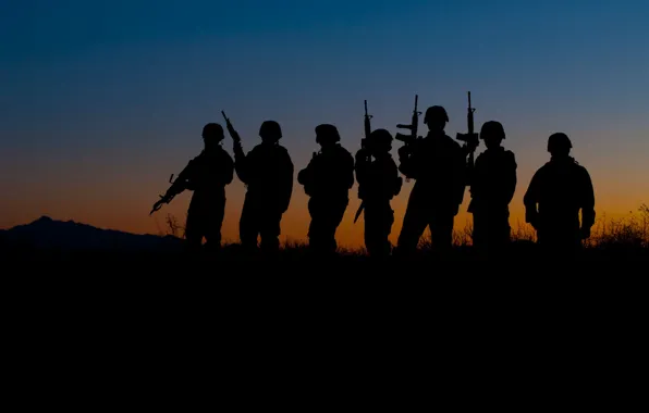 Sunset, weapons, soldiers, warriors, men
