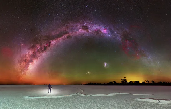 Field, the sky, stars, light, snow, landscape, night, nature