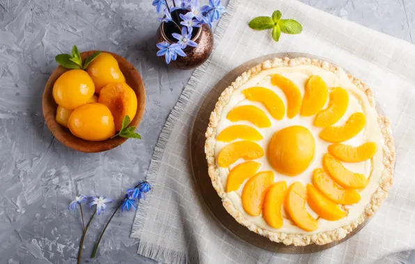 Cake, peaches, cheesecake