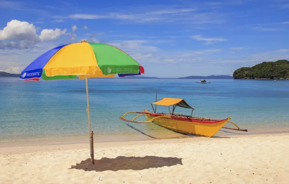 Sand, beach, boat, umbrella, tropical