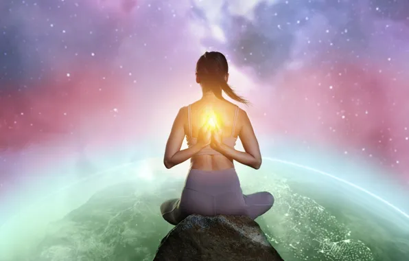 Girl, light, pose, back, planet, hands, meditation, Earth