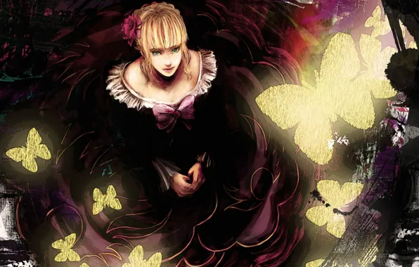 Butterfly, neckline, red, blue eyes, flower in hair, Umineko no Naku Koro ni, Beatrice, When …