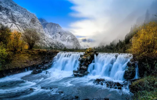 Rocks, shore, waterfall