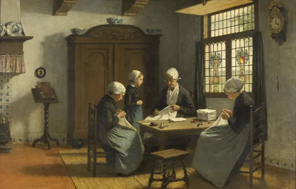 Oil, interior, picture, canvas, 1890, In an orphanage in Katwijk, David Adolph Constant Artz, Adolf …