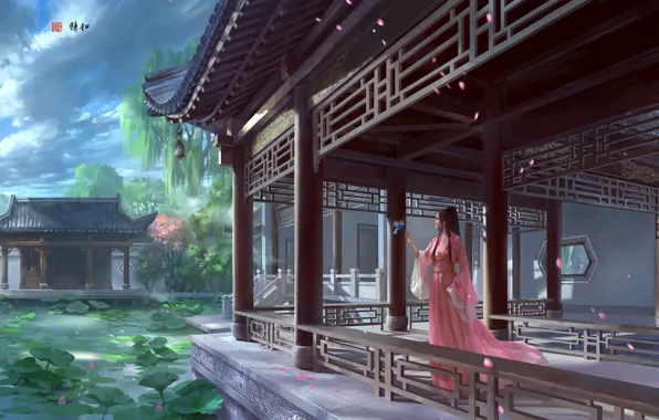 Picture lake, fantasy, art, Lotus, Princess, Palace, zhong wenhao, Crisp, the favorable wind and smooth.