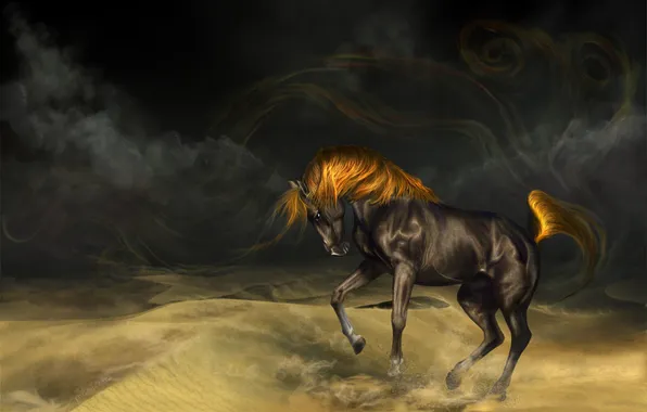 Picture sand, horse, horse, storm, art, mane, crow, masterBo