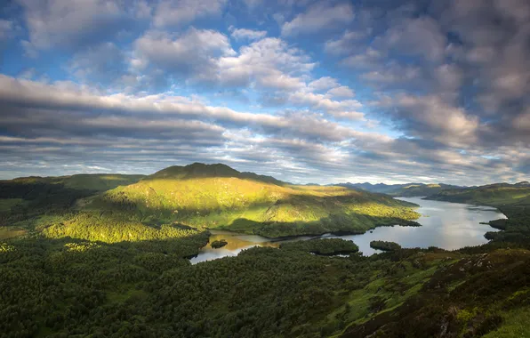 Forest, clouds, mountains, lake, Scotland, Loch Katrine