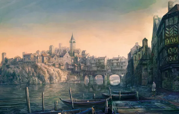 Picture the city, boats, pier, The Witcher, The Witcher 3: Wild Hunt