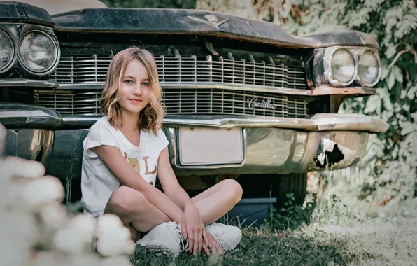 Girl, cadillac, classic, blonde, young girl