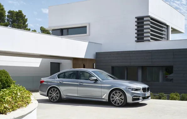 Picture the sky, house, grey, vegetation, BMW, Parking, sedan, flowerbed