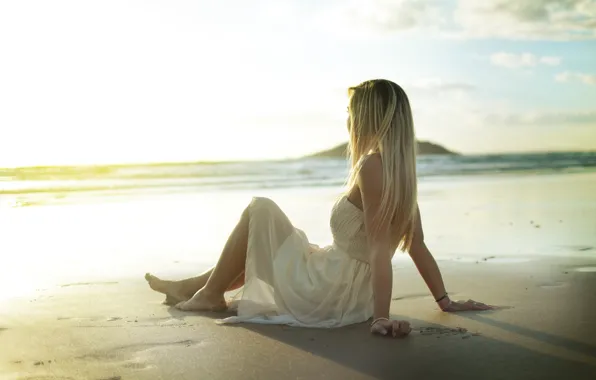 Picture sand, beach, girl, pose, dress, blonde, sitting, sundress