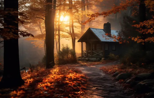 Autumn, forest, the sun, light, trees, fog, house, Park