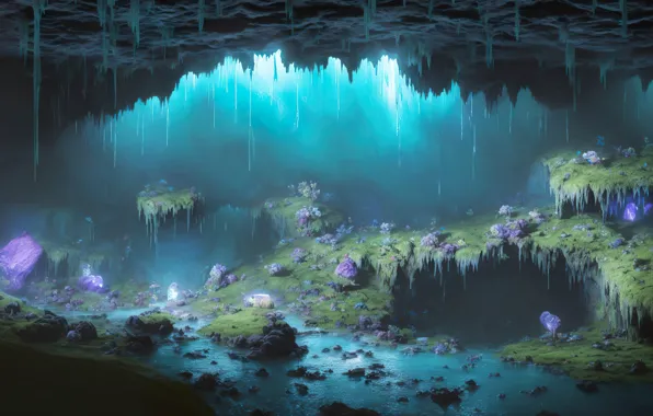 Crystals, cave, dungeon, digital art, AI art, art work Razor127, strange plants, speliology