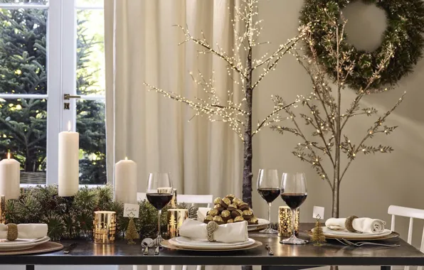 Decoration, wine, candles, New Year, Christmas, candy, garland, festive table