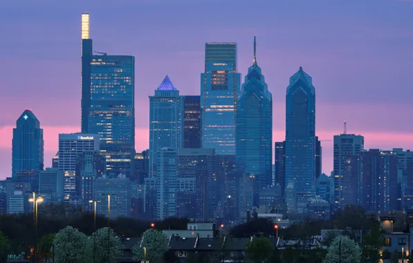 The sky, trees, sunset, lights, building, home, the evening, lights