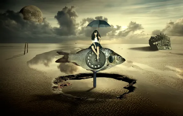 Picture girl, fish, umbrella, surrealism