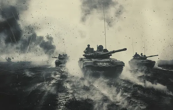 Smoke, Retro, Dirt, Tanks, Digital art, Black and white, AI art, The Art of Artificial …