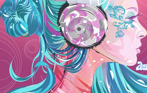 Color, girl, bright, Vector, headphones, profile, blue hair