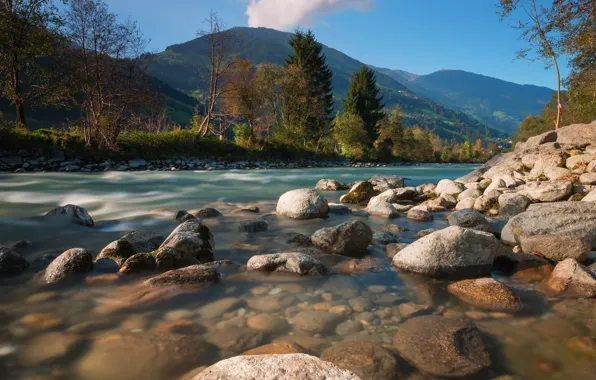 Autumn, forest, light, trees, mountains, river, stones, hills
