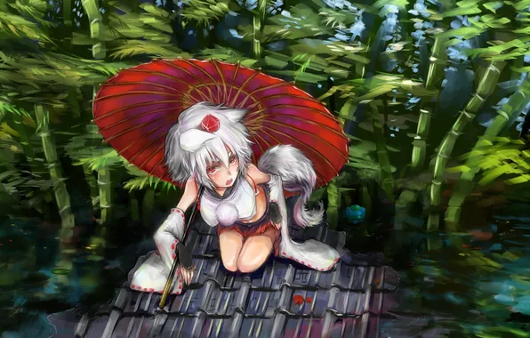 Picture look, girl, umbrella, bamboo, tail, ears, touhou, dissatisfaction