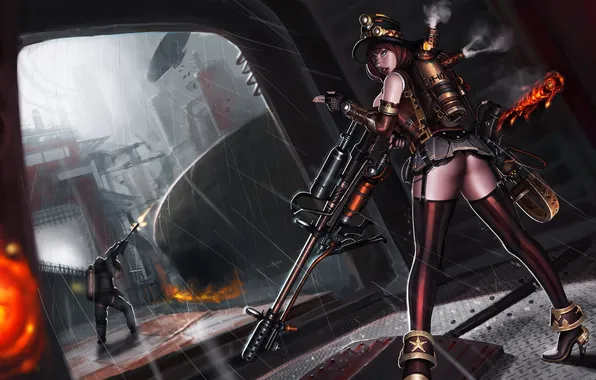 Picture girl, weapons, smoke, art, steampunk