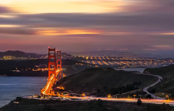 Clouds, lights, morning, San Francisco, San Francisco, Golden gate, the Golden Gate Bridge