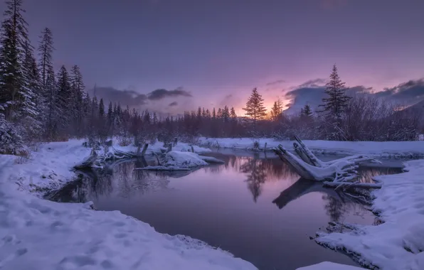 Winter, forest, snow, sunset, lake, Canada, Albert, Banff National Park