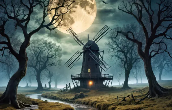 Trees, night, fog, the moon, mill, pond, Bank, windmill