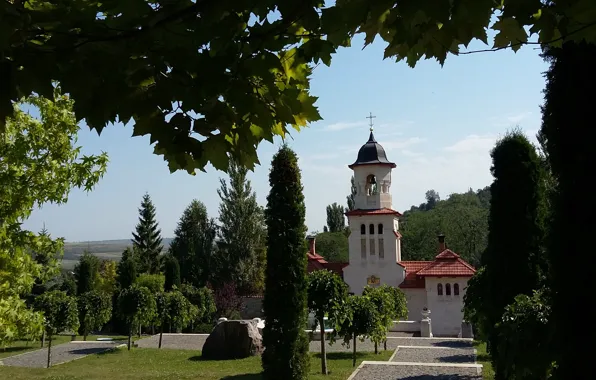Summer, the sky, trees, chapel, Sunny day, clean air, The monastery, Moldova
