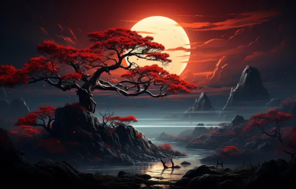 Picture Eastern, Foliage, Night, Crimson, Mystical