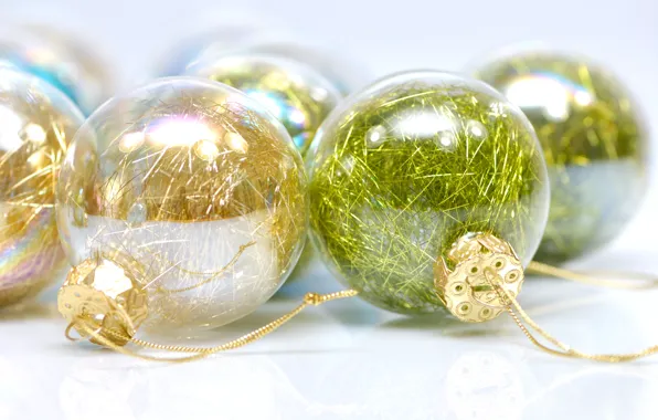 The rain, glass, balls, yellow, green, holiday, Shine, new year