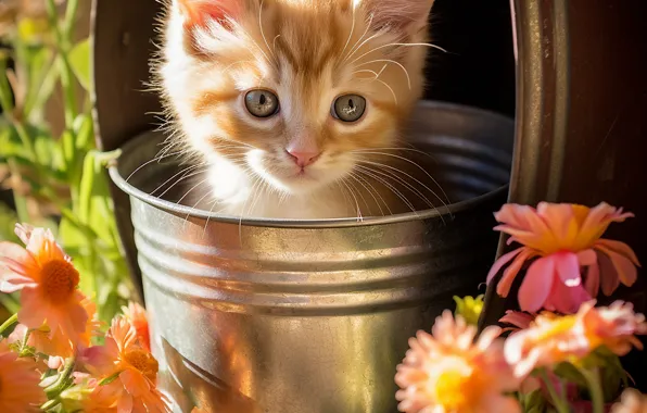 Cat, summer, look, light, flowers, pose, kitty, garden