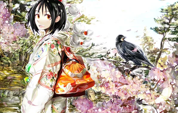 Flowers, mood, bird, spring, anime, Sakura, girl, kimono