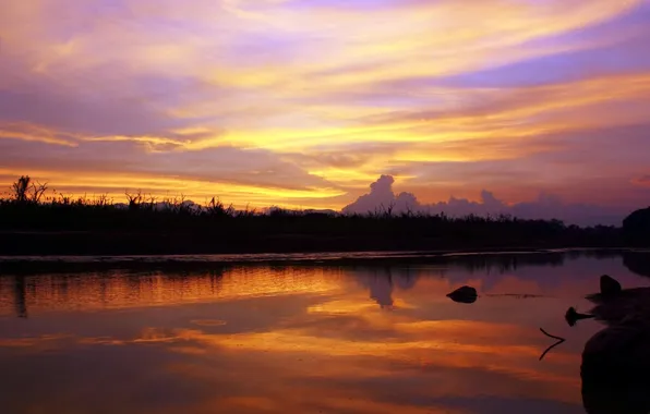 The sky, clouds, sunset, lake, shore, the evening, the bushes