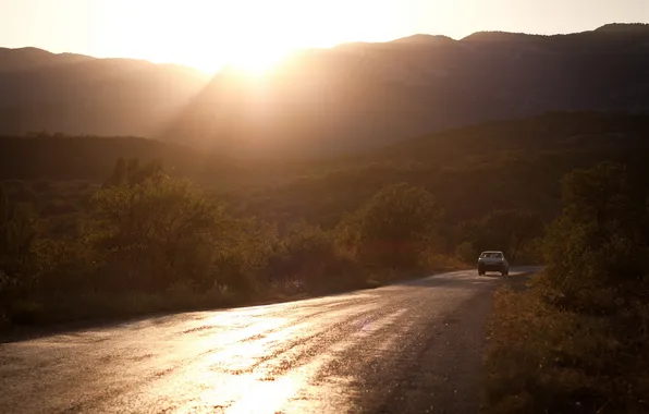 Road, machine, morning