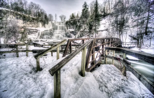 Picture winter, snow, trees, mountains, bridge, rocks, waterfall, USA