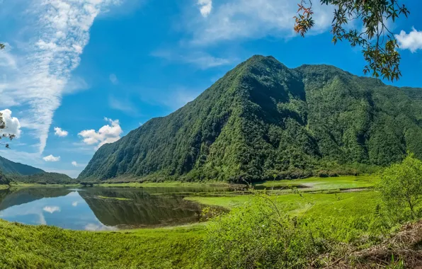 Greens, the sky, the sun, clouds, mountains, lake, France, valley