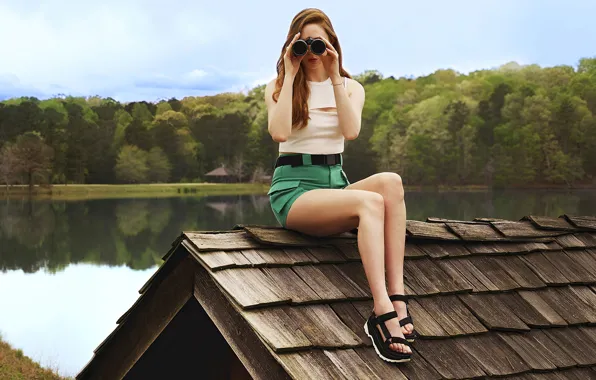 Picture forest, summer, girl, nature, lake, shorts, legs, on the roof