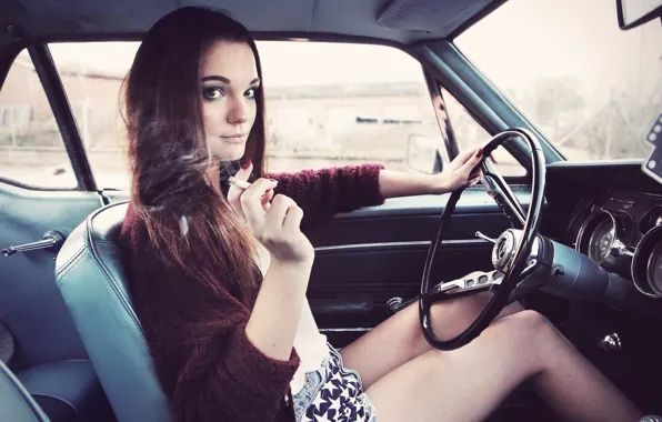 Picture car, girl, Mustang, Ford, brunette, cigarette, Margot Entz