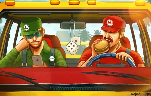 Picture car, brothers, Mario, hamburger, GTA, iPhone, Luigi