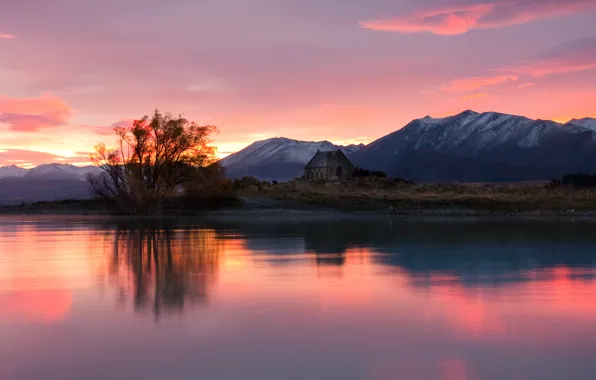 The sky, landscape, mountains, lake, sunrise, New Zealand, house