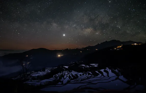 Picture the sky, stars, light, landscape, mountains, night