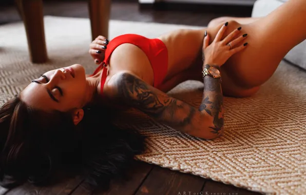 Ass, ass, girl, pose, hands, tattoo, bra, on the floor