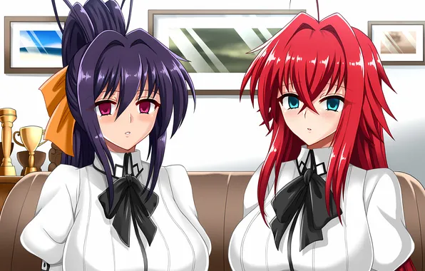 School uniform, red hair, green eyes, long hair, girls, boobs, anime, beautiful
