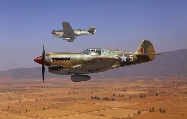 The sky, art, fighters, RAF, WW2, American, Curtiss P-40, (&ampquot;Kittyhawk&ampquot;)