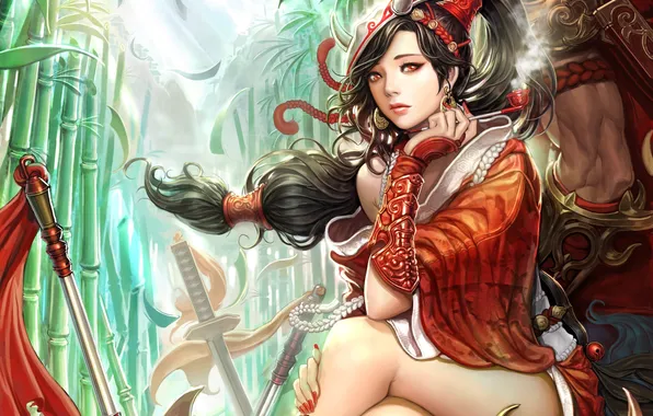 Picture girl, weapons, tube, bamboo, art, league of legends, sitting, shen